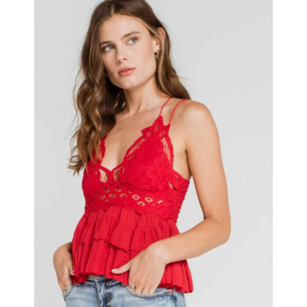Free People NWT Adella Cami Flowy Tiered Crochet Lace Lined Cherry Red XS New